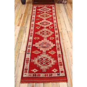 พรมเฮอร์กีตุรกี ขนาด 2.9x11.7 ฟุต สีแดงขาวลายดอกไม้ พรมขนสัตว์วินเทจ - Product Image 1