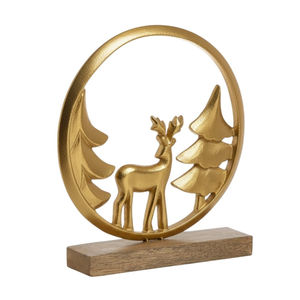 Decoración Navideña al por Mayor, Escultura de Reno de Aluminio Dorado con Base de Madera, Adorno Moderno para Mesa del Hogar, Regalo - Product Image 1