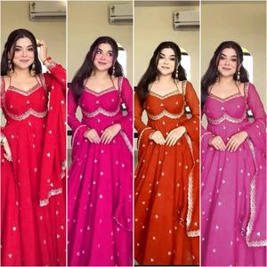 Ensemble haut, bas et dupatta prêt-à-porter pour femmes, élégant, en faux georgette brodé de paillettes, protection solaire estivale, séchage rapide, pour les fêtes - Product Image 6