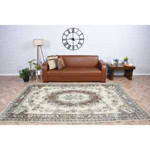 Turkish Large Rug, 5.8x9.2 ft Vintage Rug, <b>Brown</b> Bordered <b>Wool</b> Rug - Product Image 2