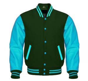 Premium Hiver À Capuche Letterman Baseball Varsity Bomber Veste rose Laine Mer Bleu En Cuir Véritable Manches Collège Lycée - Product Image 2