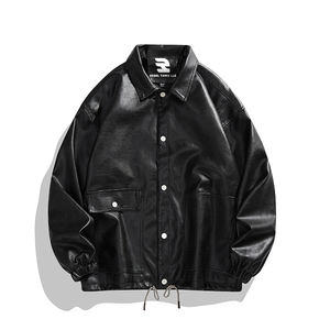 Letterman veste en cuir boutonnée hommes Streetwear manteau en cuir vintage col rabattu mode manteau en cuir hommes - Product Image 6