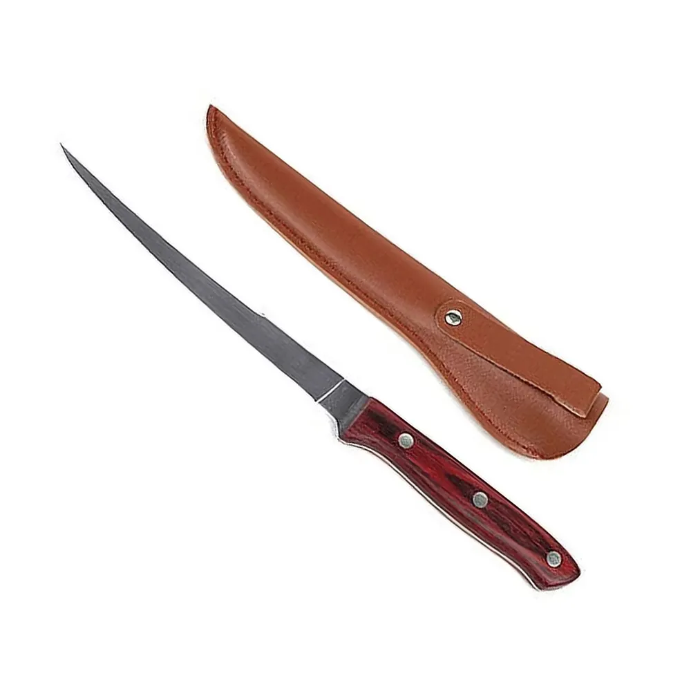 High Quality Professional Stainless Steel Fillet Fish Knife With Wood Handle Boning Knives With Leather Sheath