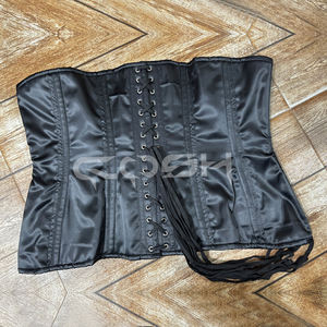 Corset sous-poitrine en satin noir gothique extrêmement cintré, respirant, à porter au quotidien, avec fermeture à l'avant - Product Image 6