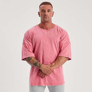 High Quality <b>Acid</b> Vintage Wash Oversized Knitted Fitness Tee for Men Quick Dry Sportswear with <b>Drop</b> Shoulder Buttons - Product Image 1