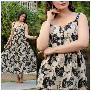 ชุดปาร์ตี้ชายหาดและงานประจำสำหรับผู้ใหญ่แขนพิมพ์ลายผ้าคอตตอนมีระบายยาวถึงเข่าไม่เท่ากัน - Product Image 5