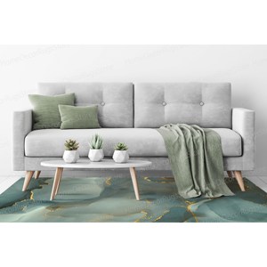 Alfombra Estampada - Moderna Alfombra Antideslizante para Entrada con Diseño de Mármol Dorado y Detalles Verdes, con Pelo Suave - Product Image 2