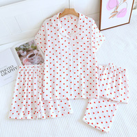 Piyama Wanita 3 Potong Bahan Katun Gauze Bernapas, Lengan Pendek, Celana Pendek, Pinggang Elastis, Katun Tipis, Pakaian Rumah untuk Musim Semi