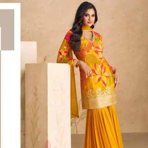 Última Moda en Ropa Étnica India, Sharara con Estampado Digital Personalizable, Top y Dupatta Bordados, Venta al por Mayor - Product Image 1