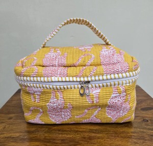 Handmade Quilted Vintage Vanity <b>Bag</b> | Block Print Travel Case | Eco-Friendly Customizable Cotton <b>Zipper</b> Closure Water Resistant - Product Image 1
