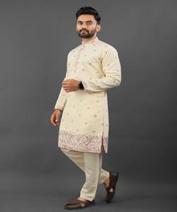 TRAVAIL DE BRODERIE EN SOIE RUSSE ATTRACTIF KURTA PAYJAMA VÊTEMENT DÉCONTRACTÉ PRIX DE GROS VÊTEMENT ETHNIQUE - Product Image 6