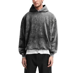 Vente en gros de sweats à capuche streetwear pour hommes, gris, style universitaire, effet délavé soleil et usé, à épaules tombantes, OEM/ODM - Product Image 1