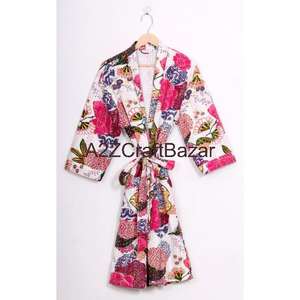 Bata Kimono de Algodón 100% de Primera Calidad, Color Blanco, Estilo Kantha, para Mujer, de la India - Product Image 5
