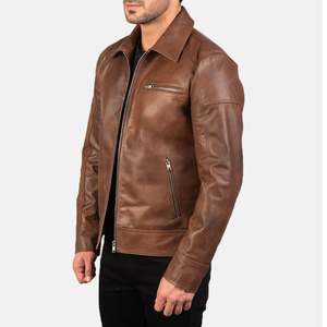 Veste en cuir classique pour homme avec fermeture éclair et design ajusté, veste en cuir d'hiver élégante pour homme avec col rabattu - Product Image 1