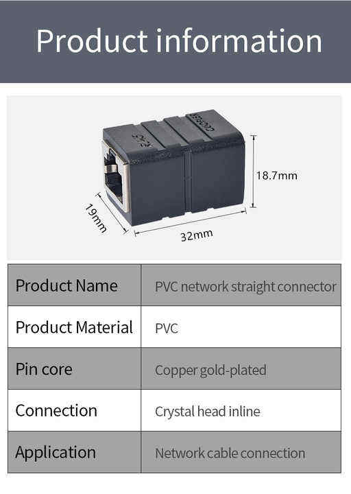 Y2RJ45-A Cat6 RJ45 Ethernet Coupler Adapter Female to Female Network Extension dimension drawing