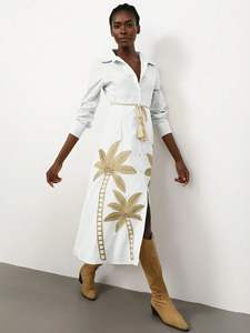 เดรสยาวสไตล์โบฮีเมียนสำหรับผู้หญิงเดรสยาวปานกลางยาวปานกลางผ้าฝ้าย100% แนววินเทจปักลายชุดทำงาน - Product Image 6