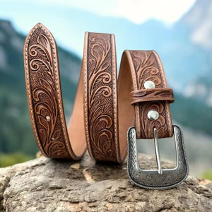 Ceinture de peau de vache beige bicolore vintage complexe sculpté à la main gaufrage floral Unique Style occidental Designer boucle ardillon en acier - Product Image 1