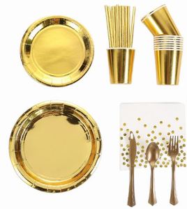 Ensemble de vaisselle jetable moderne en or, écologique, pour fêtes, assiettes en papier, gobelets, serviettes, couverts pour mariage, Thanksgiving, anniversaire - Product Image 1