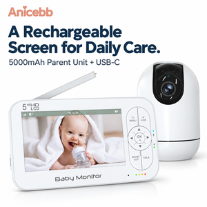 Moniteur Bébé Rechargeable Anicebb 5000mAh, Unité Parentale <span class=keywords><strong>Portable</strong></span> 5 Pouces avec Chargement USB-C, Vision Nocturne et Alerte Faible Consommation - Product Image 1