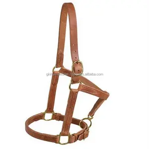 Top Quality Thick Harness leather horse halter in tan finish genuine leather with adjustable anti rust solid brass hardware