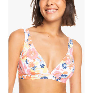 Top bikini a triangolo Roxy Beach Classics XXL/XL/XSS, bianco brillante con stampa floreale Escape, costume da bagno a 2 pezzi con lettere e frutta - Product Image 1