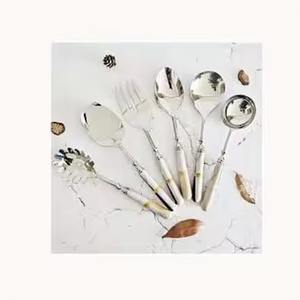 Silver Mirror Polished With Marble Hammered Handle Salad Serving Set New Salad & <b>Soup</b> Rice Servers Including <b>Spoon</b> & fork - Product Image 1