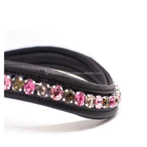 Banda de cuero acolchada para cejas de caballo, hecho a mano diseño personalizado, cosido completo con cristales morados y negros, forma curva, canal vacío - Product Image 6