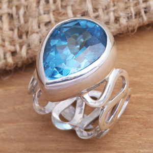 Precio de fábrica Plata de Ley 925 Anillo de declaración minimalista Facetado en forma de pera Topacio azul Fiestas de moda únicas Cristianas - Product Image 5