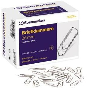 SOENNECKEN 26mm Galvanized Silver <b>Metal</b> Pointed Paper Clips 1000 Pcs/Pack - Product Image 1