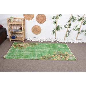 Alfombra de lana de área grande tradicional vintage, diseño de retazos verdes y amarillos, lado rectangular de 3,3x6,1 pies para dormitorio con respaldo de látex - Product Image 1
