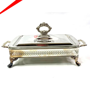 Plato de chafado de acero y metal de diseño redondo clásico, para buffet, con soporte de metal negro, platos para servir comida - Product Image 4