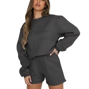 Conjunto de Sudadera y Pantalones Cortos de 2 Piezas para Mujer, Corte Regular, 100% Algodón Felpa, Transpirable, Estilo Urbano de Invierno, Ropa OEM - Product Image 1