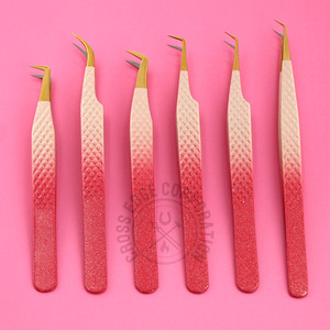 High Quality New Fiber Tip Eyelash Extension Curved Classic Tweezer Pink Diamond Grip 90 Custom Logo Nonslip Lash <b>Tool</b> - Product Image 2