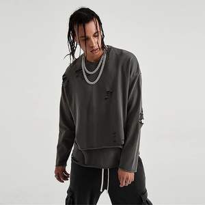 Streetwear vintage déchiré sweat hommes mode automne couleur unie sweat surdimensionné - Product Image 5