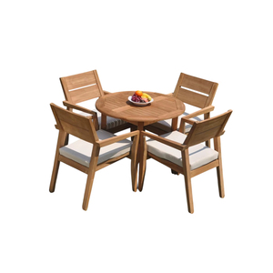 Ensemble table ronde et 4 chaises de luxe modernes pour l'extérieur en teck avec coussins crème pour mobilier d'extérieur - Product Image 1