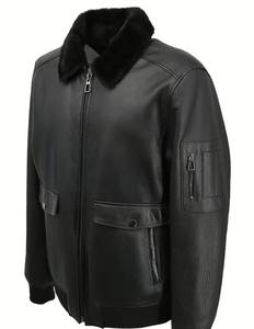 Blouson aviateur en cuir d'agneau noir pour homme, col montant, manteau d'hiver chaud, doublure en coton, vêtement décontracté de moto, cadeau - Product Image 3