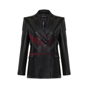 Blazer en cuir véritable noir pour femme avec surpiqûres contrastées, revers en peau de mouton, coupe ajustée, manteau de costume sur mesure, haute couture, vêtement d'extérieur d'hiver - Product Image 4