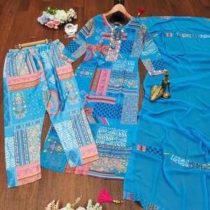 Elegante Conjunto Kurti Recto de Georgette con Dupatta Nazneen Bordada, Ropa Étnica para Mujer, Estilo Casual para Fiestas - Product Image 1