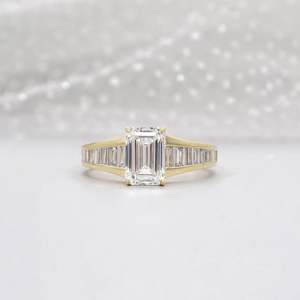 Emerald Cut Lab Grown <b>Diamond</b> <b>Ring</b> with Baguette Side Stones-IGI Certified - Product Image 1