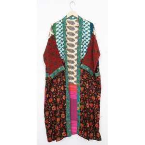 Kimono indio Vintage de seda 100% hecho a mano, bata Sari, camisón de verano para mujer, cuello en V cosido a mano, mangas tres cuartos - Product Image 2