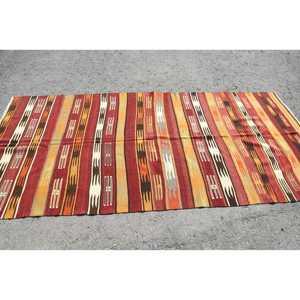 Vintage Large Rug 4.4x9.5 ft, Turkish Kilim <b>Red</b> Ikat <b>Wool</b> Rug - Product Image 3