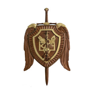 세인트 마이클 나무 방패와 검 벽 조각, 수호 천사 손으로 조각한 나무 장식, 엑소시즘 벽 장식 - Product Image 1
