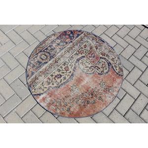 3.1x3 ft Turkish Rug, Vintage Round Rug, <b>Red</b> Blue Solid <b>Wool</b> Rug - Product Image 4