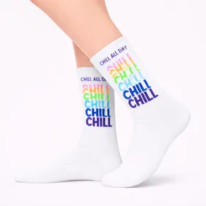 Chaussettes de tennis blanches CHILL taille unique, respirantes, en jacquard brodé, avec revers personnalisé, tricotées en spandex, pour usage quotidien en hiver - Product Image 2