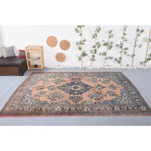 พรมเย็บปะติดปะต่อกันแบบวิสคอสขนสัตว์เปอร์เซียวินเทจขนาด7.3x9.9ฟุตสีน้ำเงินทำด้วยมือสีเบจออบัสสันสำหรับวัยรุ่นสี่เหลี่ยมโถงทางเดินสำหรับน้ำยาง - Product Image 1