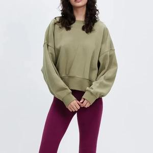 Sudadera corta con hombros descubiertos y cuello redondo de felpa francesa de alta calidad, sudadera básica personalizable de algodón de talla grande para mujer - Product Image 2