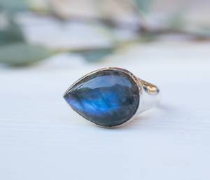 Big Tear <b>Drop</b> <b>Rainbow</b> Labradorite Ring Natural 925 Sterling Silver February Birthstone Statement Colorful Organic Handmade - Product Image 1