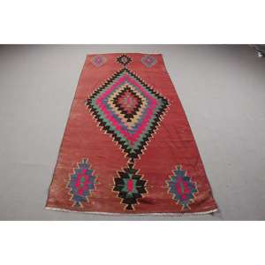 Tapis turc 3,7x8,6 pieds, tapis à carreaux rouge et bleu en laine - Product Image 1