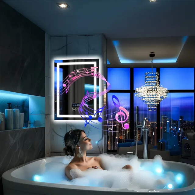 Luxury Smart LED IP44 Illuminated Bathroom Mirror Date Time Display Bluetooth Music Speaker WiFi Connectivity Touch Switch