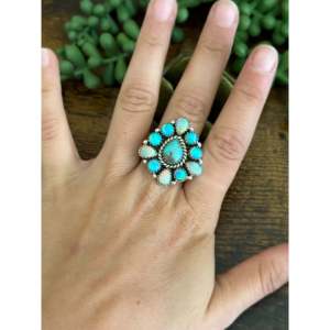 Southwest Handmade Boho Opal & Multi Stone Sterling <b>Silver</b> <b>Adjustable</b> Cluster <b>Ring</b> - Product Image 2
